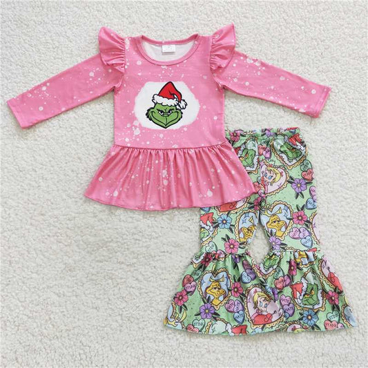 GLP0565 Cartoon grinch pink and green lace long-sleeved trousers suit