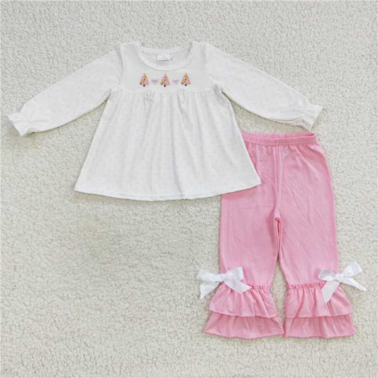 GLP0505 Embroidered Christmas tree bow polka dot pink and white long sleeve trousers suit