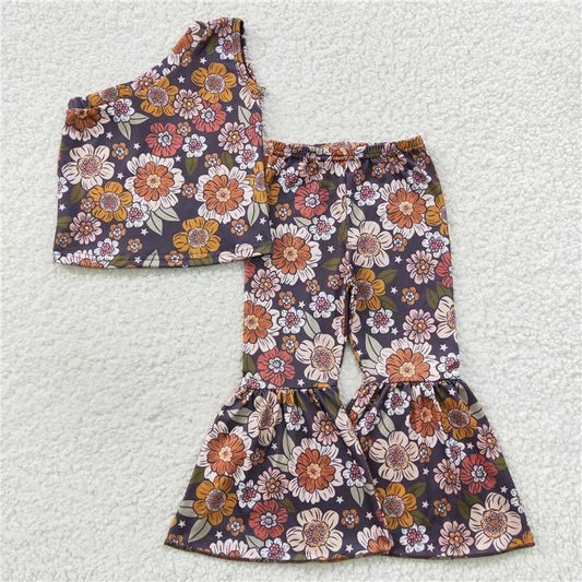 GSPO0802 Floral retro one-shoulder top and trousers set
