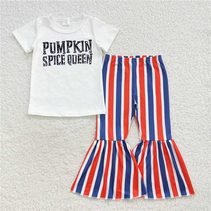 GSPO0794 pumpkin spice queen white short-sleeved orange and blue striped trousers suit