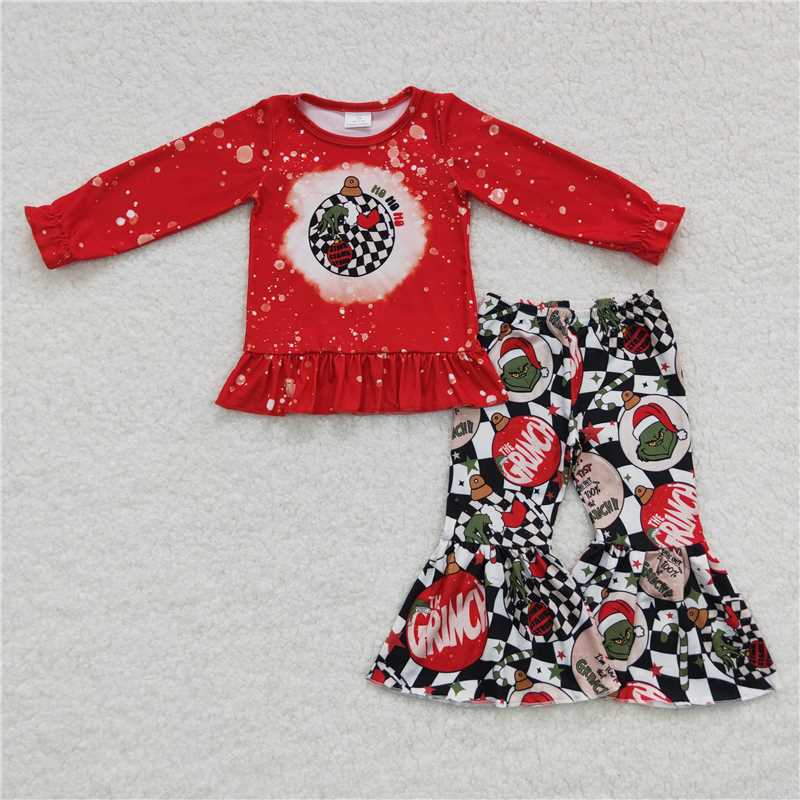 11.29 RTS NO MOQ （In stock）Matching Christmas GLP0515 Baby Girls Christmas Red Ball Bell Bottom Pants Clothes Sets