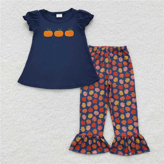GSPO0762 Three pumpkins embroidered navy blue short-sleeved lace trousers set