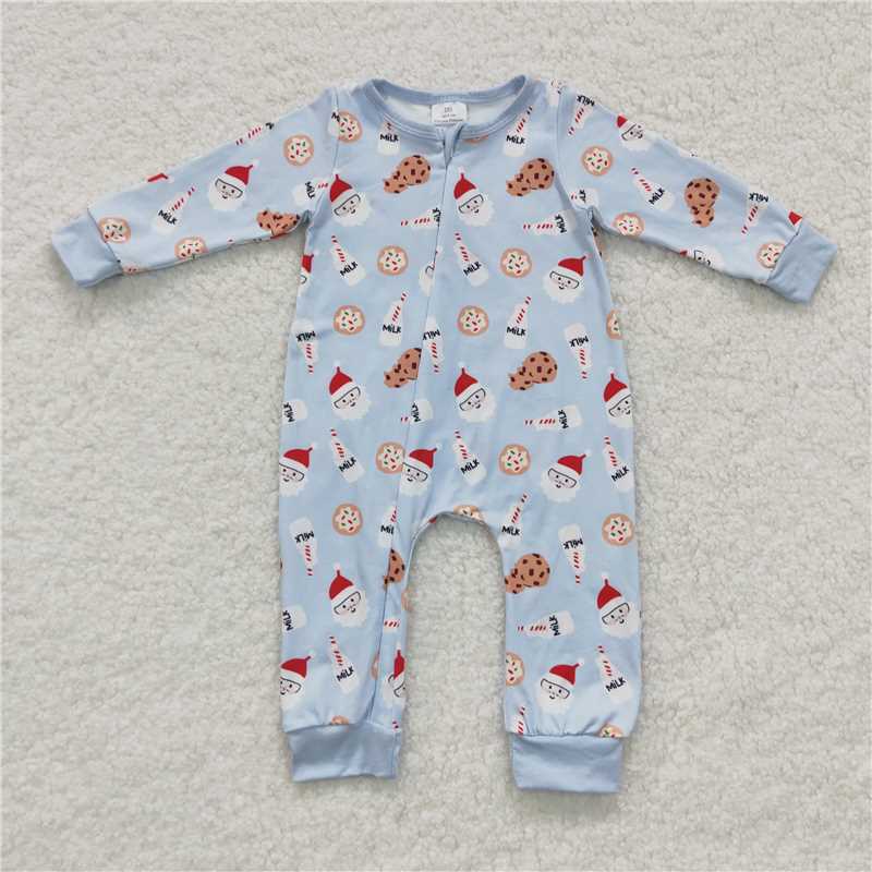 RTS LR0472 Milk Cookie Santa Claus Blue Zipper Long Sleeve Bodysuit