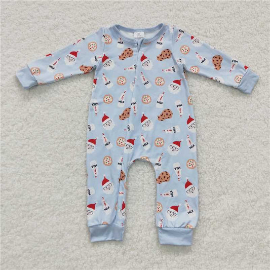 RTS LR0472 Milk Cookie Santa Claus Blue Zipper Long Sleeve Bodysuit