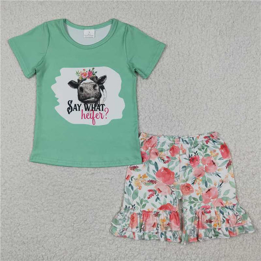 Green T-shirt heifer flower pattern Shorts sets