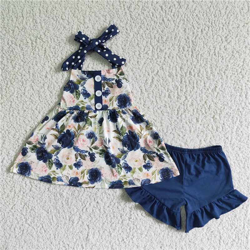Navy floral halter top shorts sets