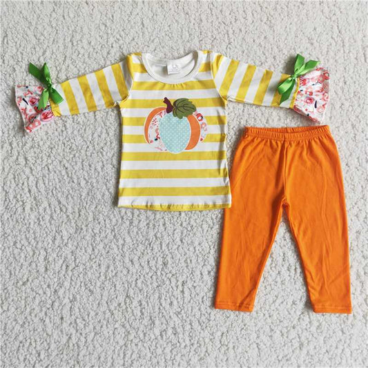 6 A10-14Girl Pumpkin Striped Solid Pants Outfit