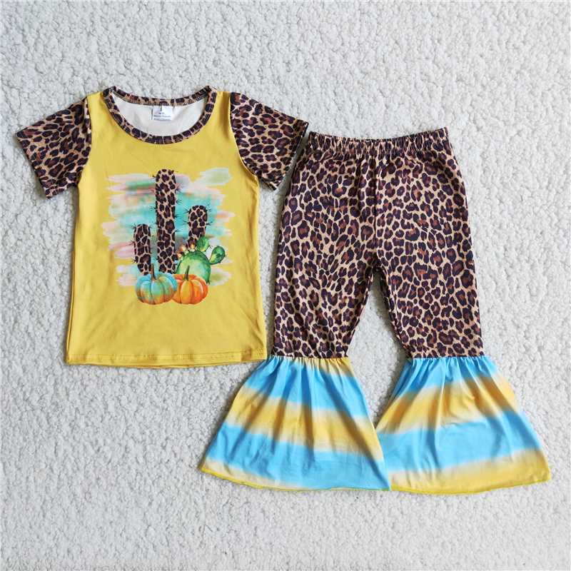 C1-10 Yellow shirt top cactus bell bottom pants sets