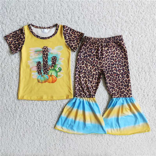 C1-10 Yellow shirt top cactus bell bottom pants sets