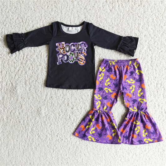 6 B8-39Black screen print shirt bell bottom pants Halloween girls clothing