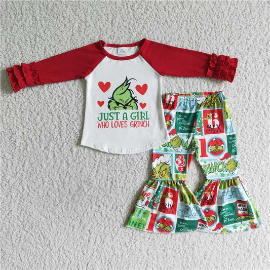 6 C7-19 grinch heart long-sleeved top and flared pants set