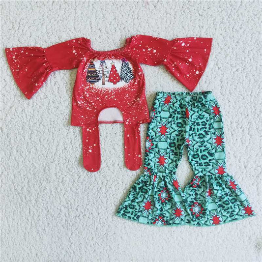 6 B10-4 Christmas tree red bell-sleeve top and bell-bottom pants set