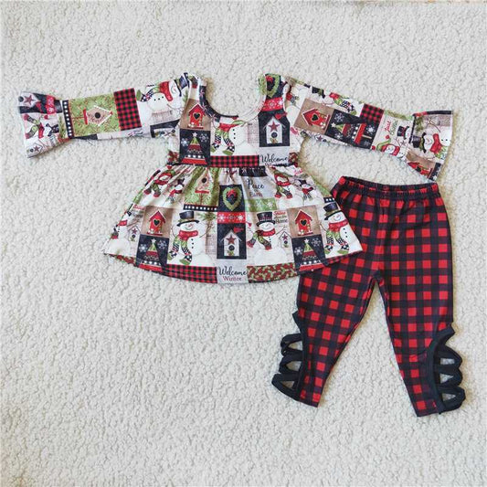 6 A2-16 Snowman long-sleeved top and red plaid trousers set