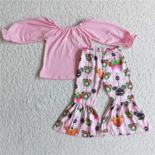 6 C10-20 Christmas pink long-sleeved top with bow and Mickey Mouse head bell bottom pants set