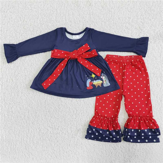 6 B1-2Navy Nativity print belt tunic polka dots ruffle pants girls Christmas clothes