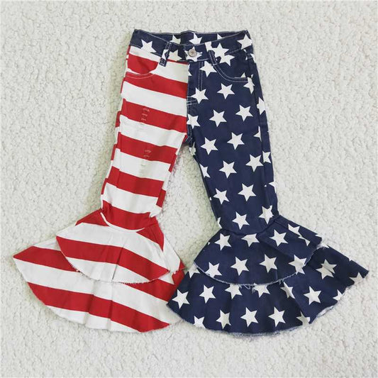 C3-14  Mommy and Me Adult Baby Girls 4th July Stars Denim Bell Flare Pants Jeans