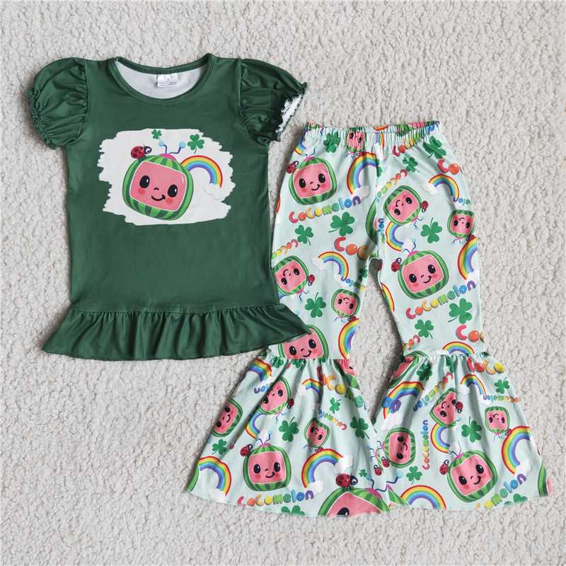 D9-2 Girl Cartoon Green Four Leaf Clover Short Sleeve Pants Suit