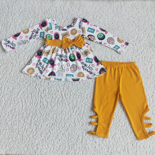 6 A13-17Yellow bow tunic criss cross leggings toddler girls clothing