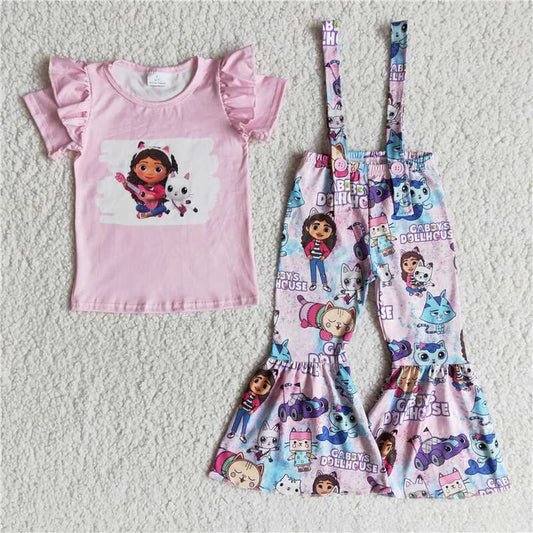 E11-29  Baby Girls cartoon pink suspender pants outfits clothing sets