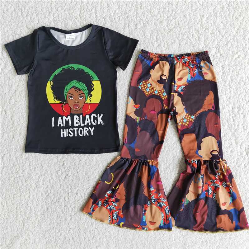 E11-27 I am black history baby girls bell bottom pants sets