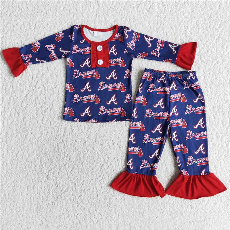6 A30-17Braves print ruffle long sleeve girls team pajamas