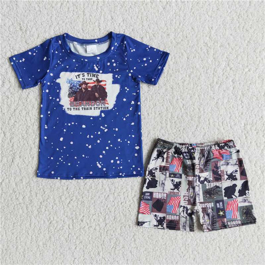 B1-2 Train station bleached shirt army print shorts boy kids summer clothing set