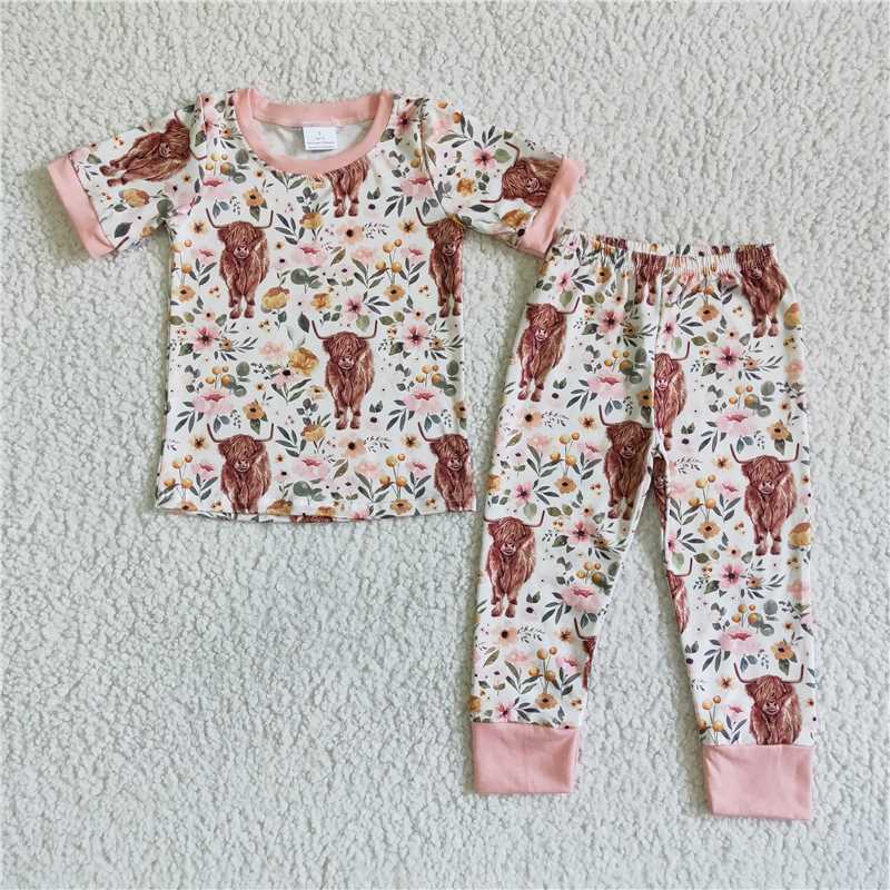 C2-14 Baby Girls western cow pants pajamas clothing sets