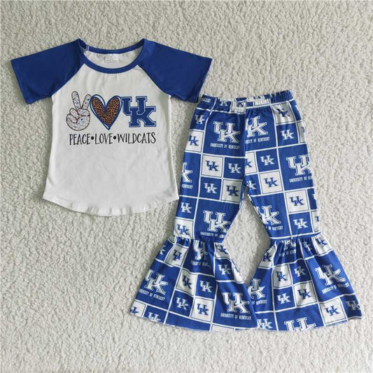 GSPO0028 Peace love wildcats blue and white patchwork short-sleeved bell-bottom pants suit