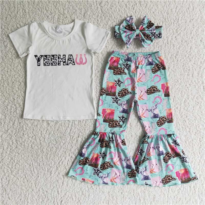 GSPO0032 Yeehaw white short-sleeved green flared pants suit