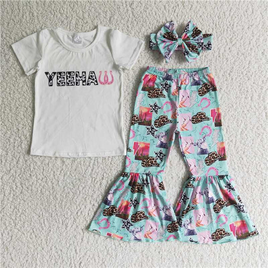 GSPO0032 Yeehaw white short-sleeved green flared pants suit