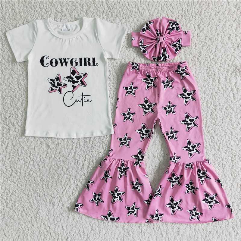GSPO0044 cowgirl white short-sleeved pink star flared pants suit