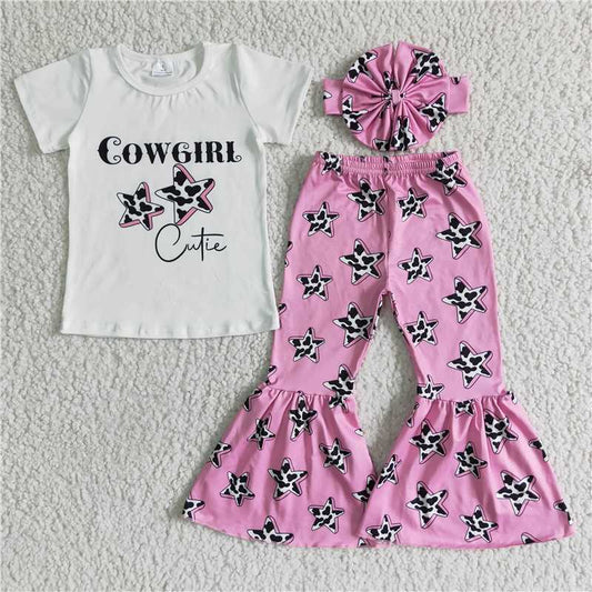GSPO0044 cowgirl white short-sleeved pink star flared pants suit