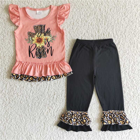EC0003 Easter cross orange leopard print flying sleeves black pants suit
