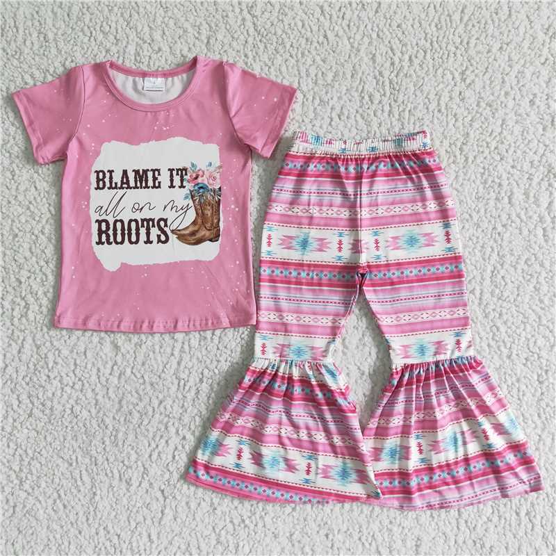 GSPO0054 Girls pink stripes English letters shoes floral short-sleeved trousers suit