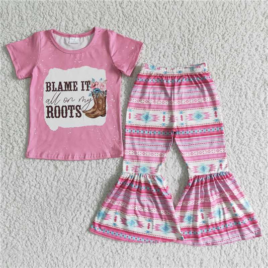 GSPO0054 Girls pink stripes English letters shoes floral short-sleeved trousers suit