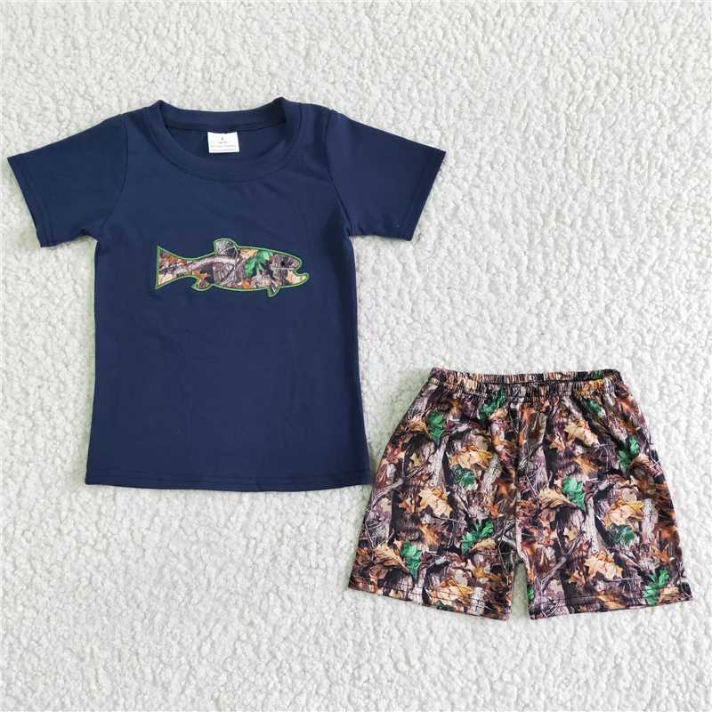 BSSO0010 Sales New RTS No Moq Promotion Baby boys summer camo fish shorts sets