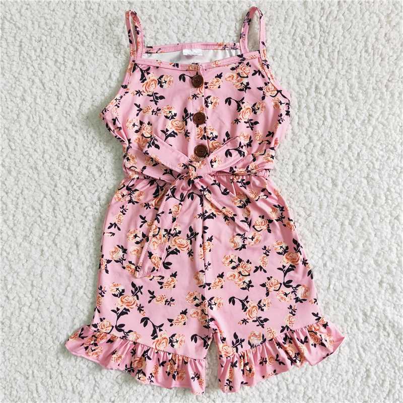 SR0003  Baby girls pink floral summer strap Jumpsuits
