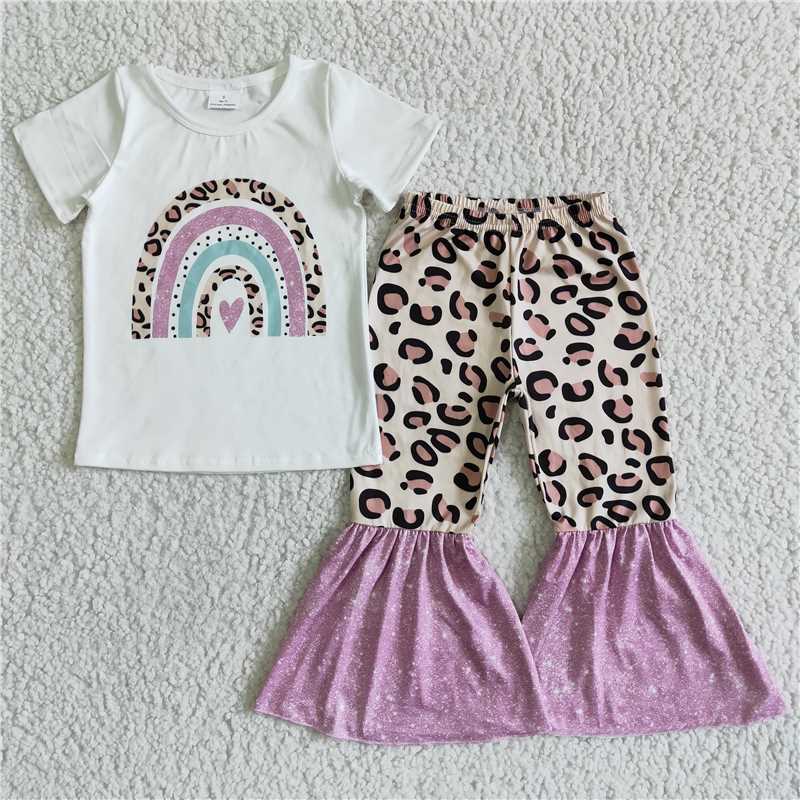 GSPO0036 White short-sleeved leopard print pink-trimmed flared pants suit