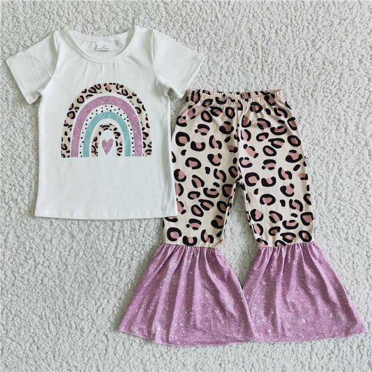 GSPO0036 White short-sleeved leopard print pink-trimmed flared pants suit