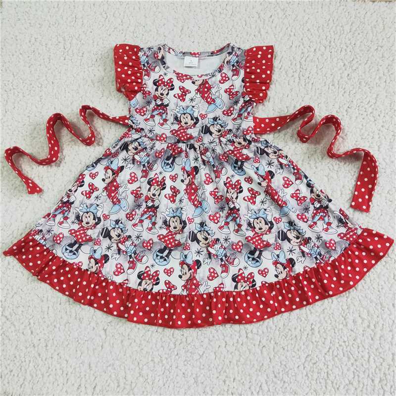 GSD0043 Girls' flying sleeves red and white dot Mickey lace skirt