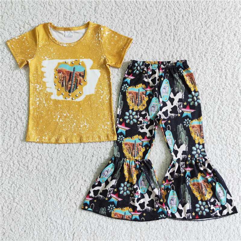 GSPO0025 Yellow desert cactus cow pattern flared pants suit