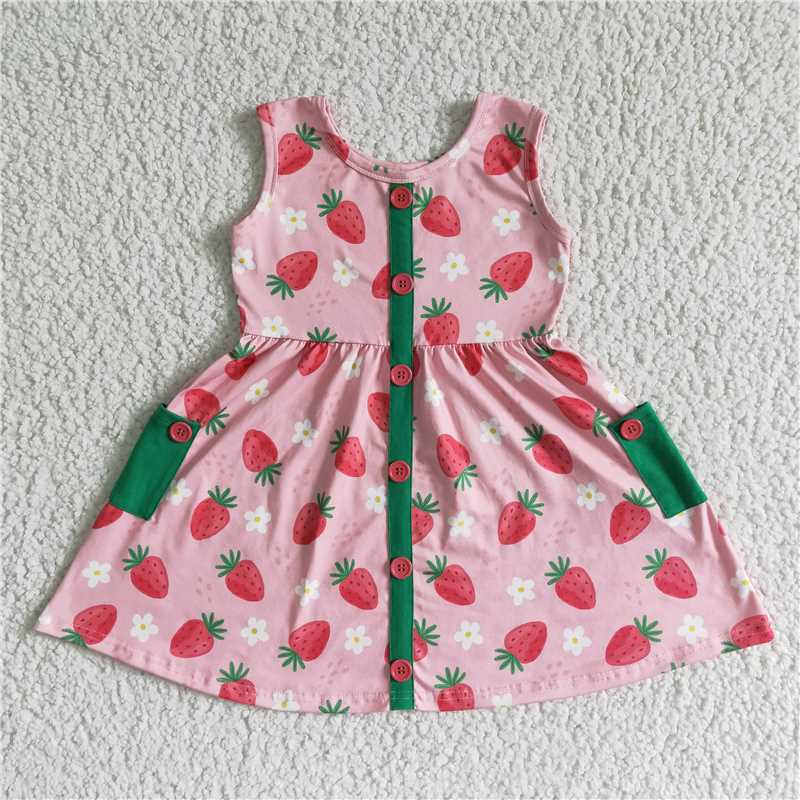GSD0037  Strawberry sleeveless pocket twirl girls dress