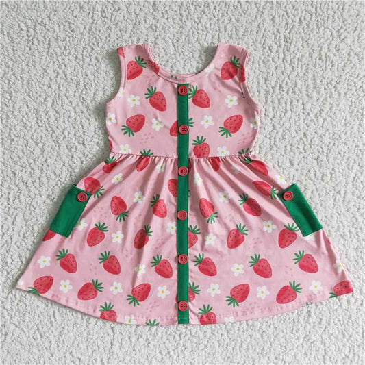 GSD0037  Strawberry sleeveless pocket twirl girls dress