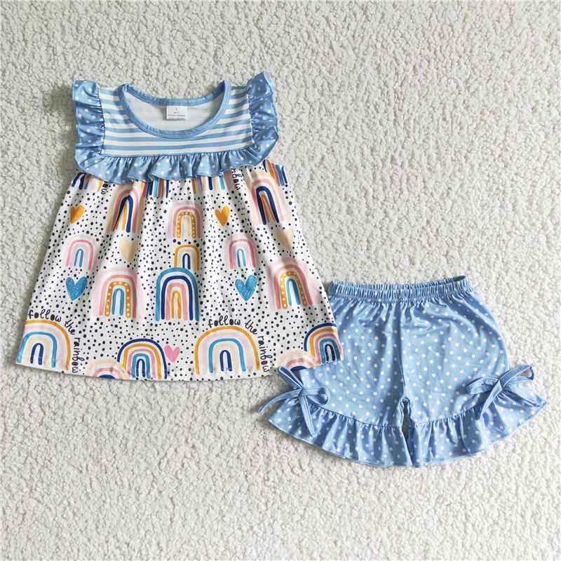 GSSO0028Rainbow shirt polka dots shorts kids girls clothes