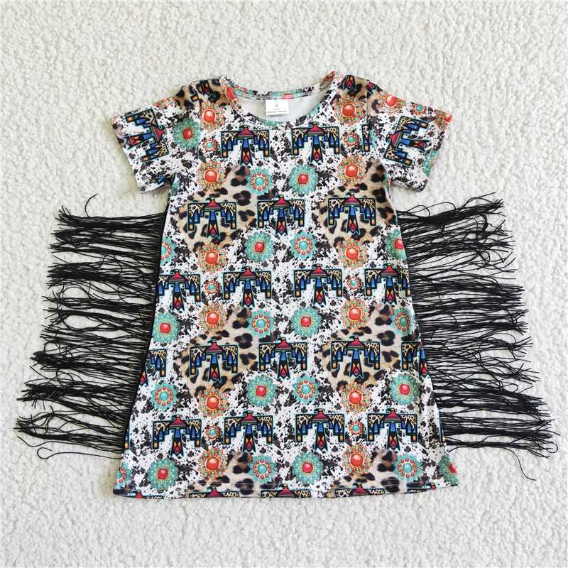 GSD0058 Short sleeve turquoise thunderbird tassels girls western dresses