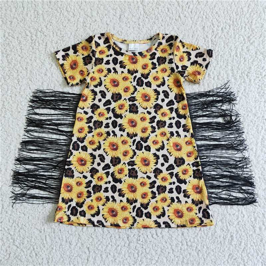 GSD0055 Girls' sunflower leopard print tassel short-sleeved skirt