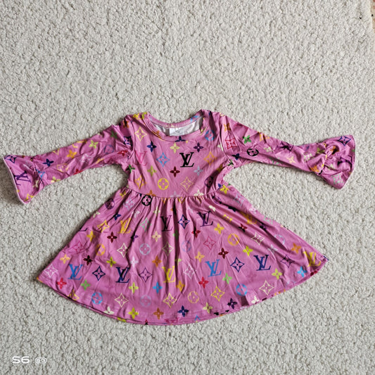 10.10 RTS NO MOQ（In stock）G2-24-7'\* Baby Girls Winter Dress Colorful patterned purple long-sleeved dress