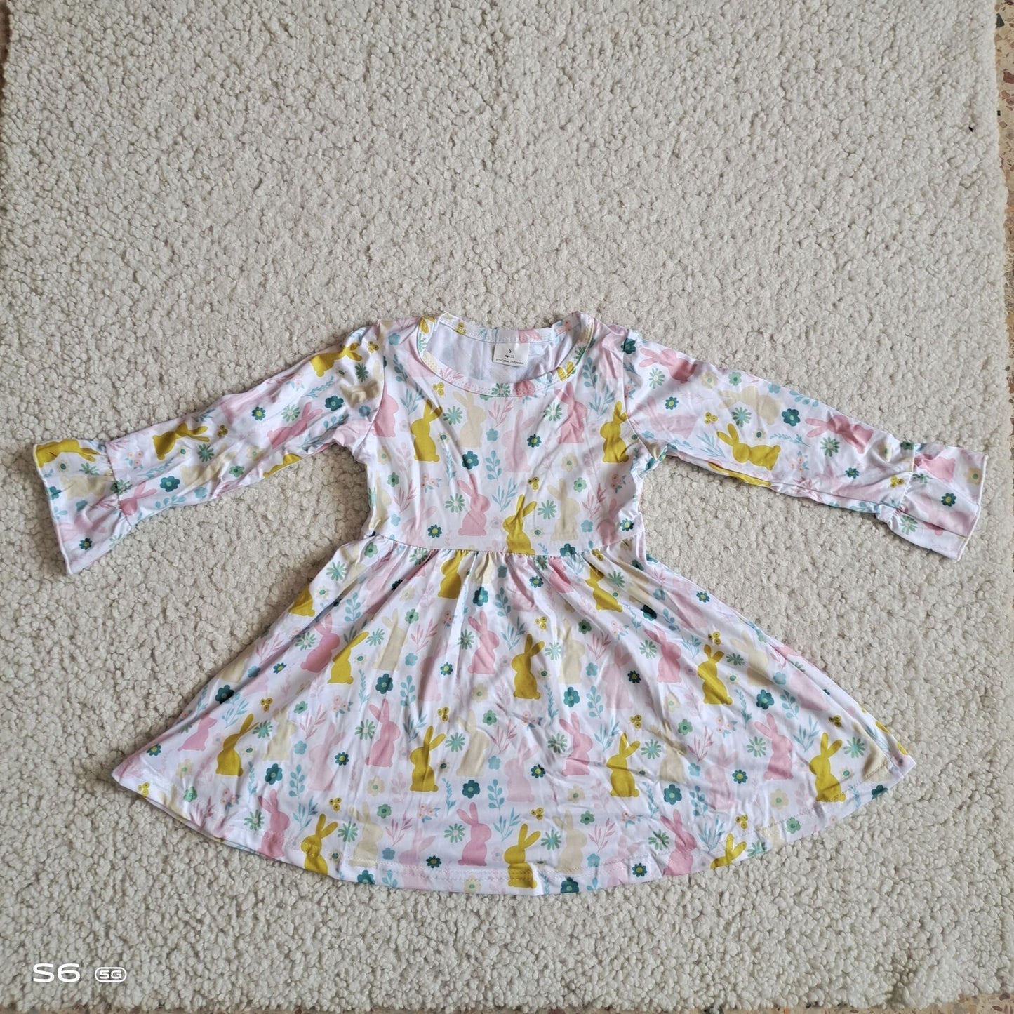 10.10 RTS NO MOQ（In stock）G2-24-6*. Baby Girls Winter Dress Yellow bunny green floral long-sleeved dress