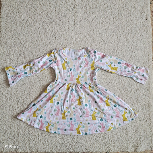 10.10 RTS NO MOQ（In stock）G2-24-6*. Baby Girls Winter Dress Yellow bunny green floral long-sleeved dress