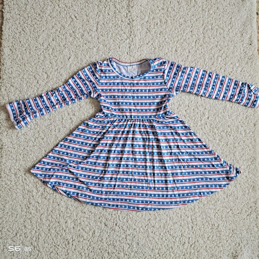 10.10 RTS NO MOQ（In stock）G2-24-6;*/ Baby Girls Winter Dress Star blue and red striped long-sleeved dress